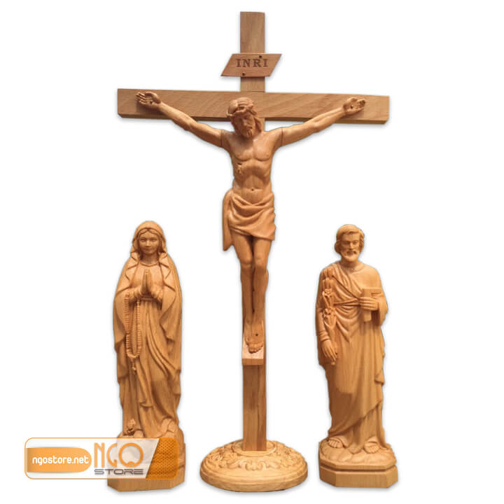 bộ tượng gỗ bàn thờ công giáo thánh giá có đế